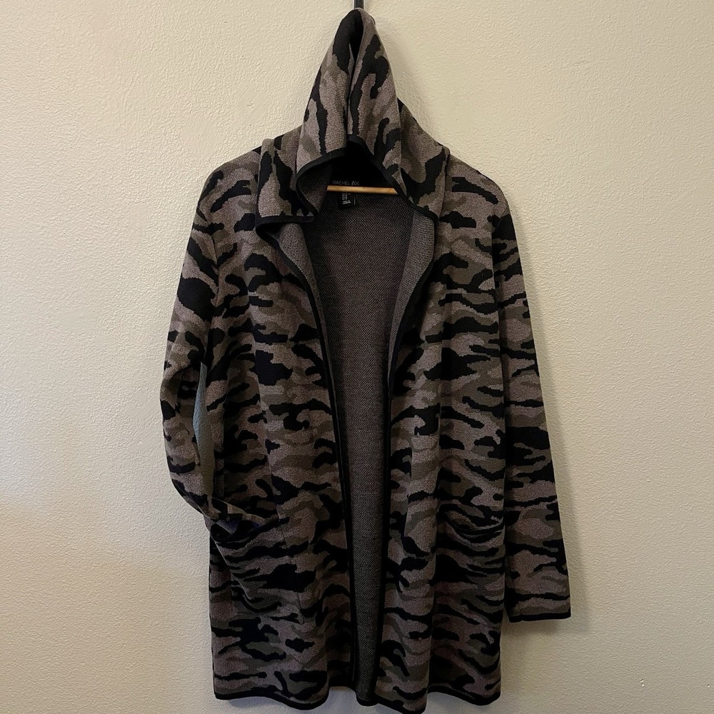 Rachel Zoe Long Camouflage‎ Knit Cardigan Hooded Pockets Military Grunge Size XL